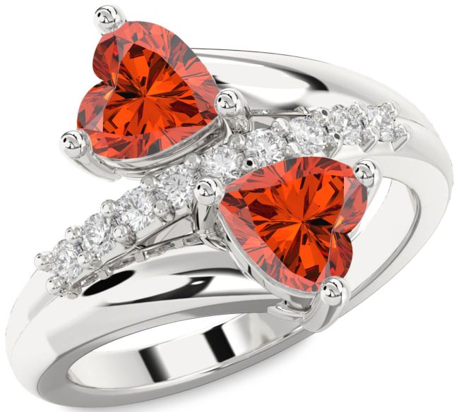 Diamond Fire Opal Silver Two Heart Ring