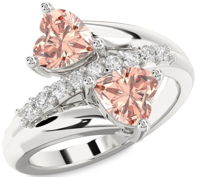 Diamond Morganite Silver Two Heart Ring