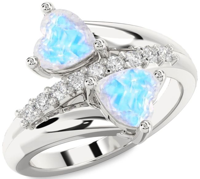 Diamond Moonstone Silver Two Heart Ring