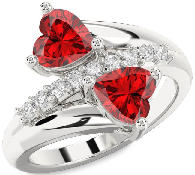 Diamond Ruby Silver Two Heart Birthstone Ring