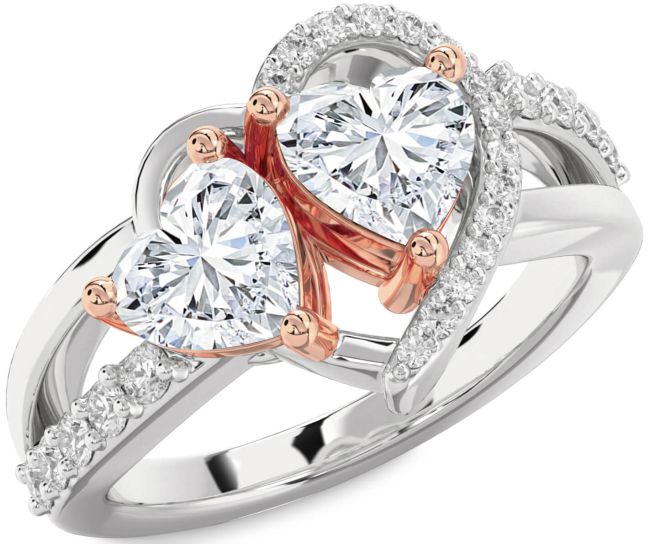 Diamond Silver & 10K Rose Gold Two Heart Ring