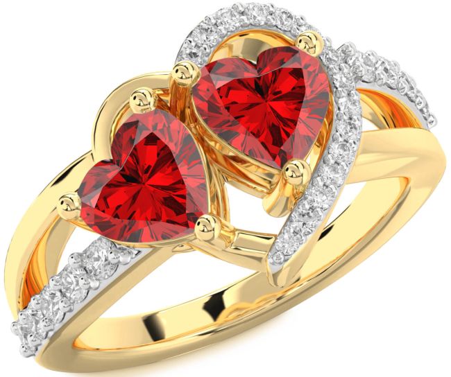 Diamond Ruby Gold Two Heart Birthstone Ring