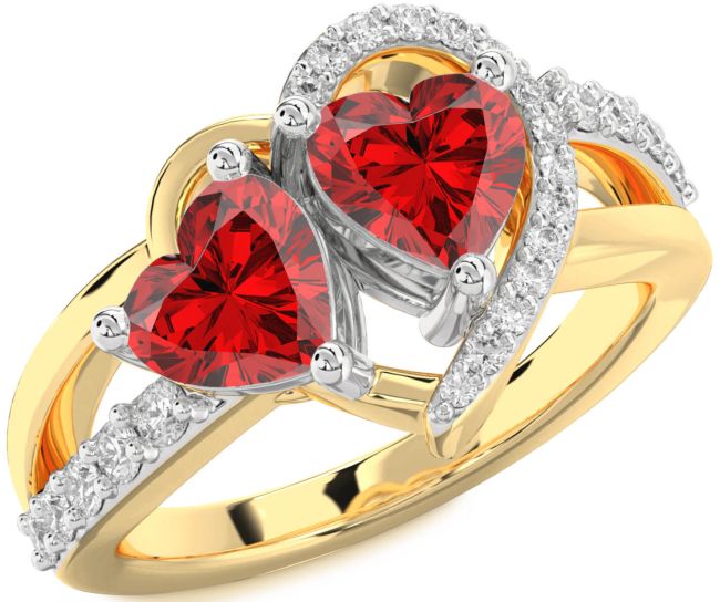 Diamond Ruby Gold Silver Two Heart Birthstone Ring