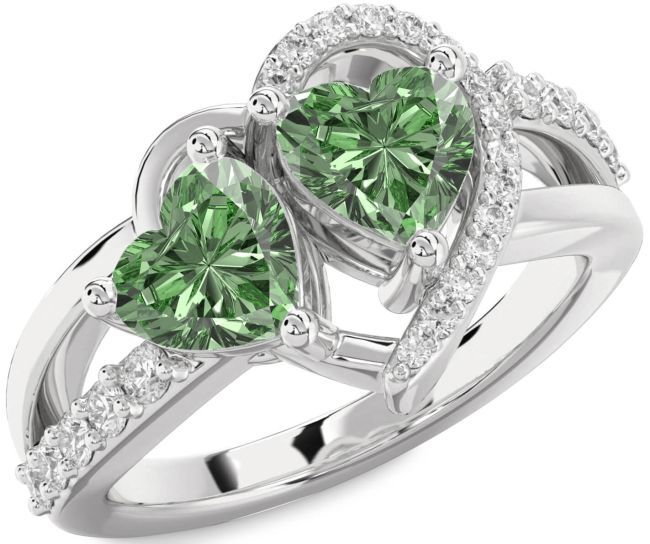 Green Diamond Silver Two Heart Ring