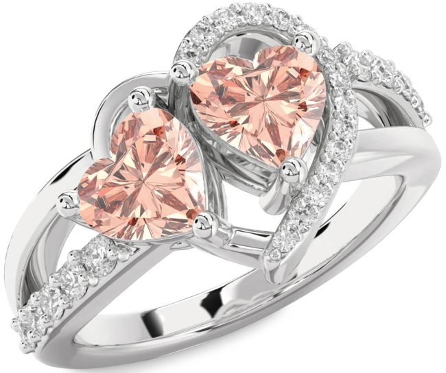 Diamond Morganite Silver Two Heart Ring