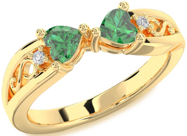 Diamond Emerald Gold Infinity Two Heart Birthstone Ring