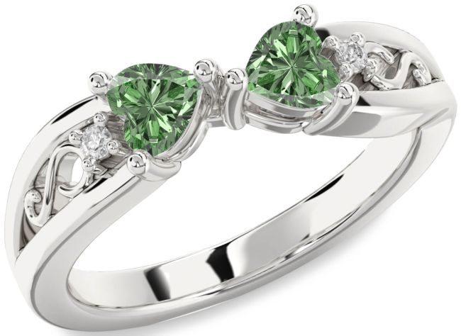 Green Diamond Silver Infinity Two Heart Ring