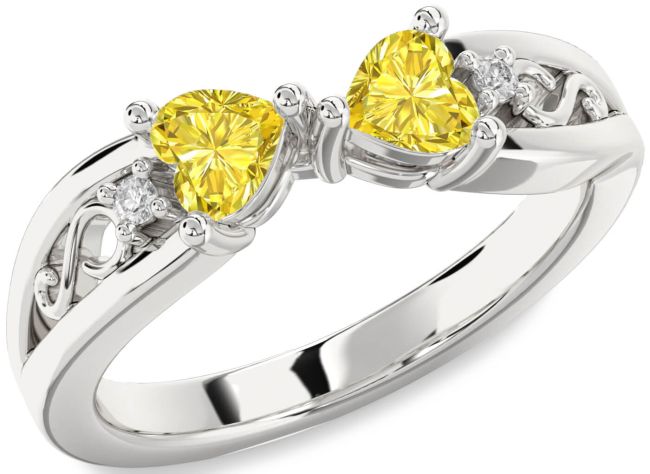 Yellow Diamond Silver Infinity Two Heart Ring