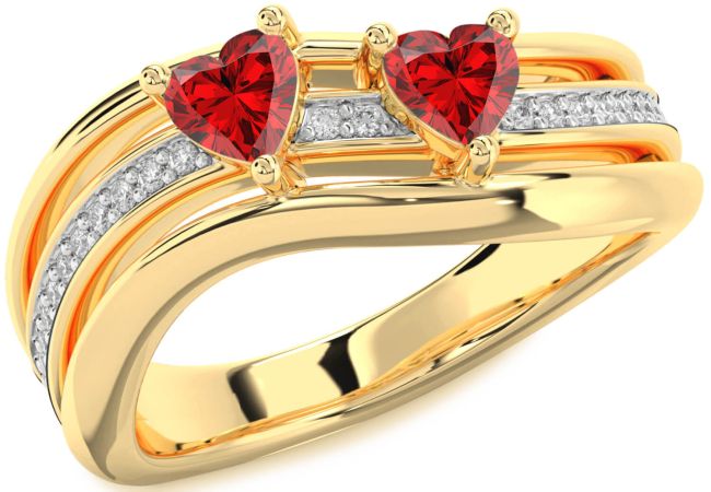 Diamond Ruby Gold Silver Two Heart Birthstone Ring