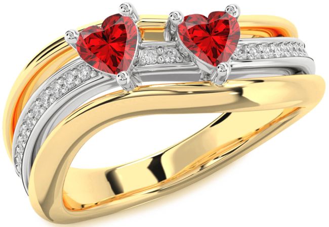 Diamond Ruby Gold Silver Two Heart Birthstone Ring