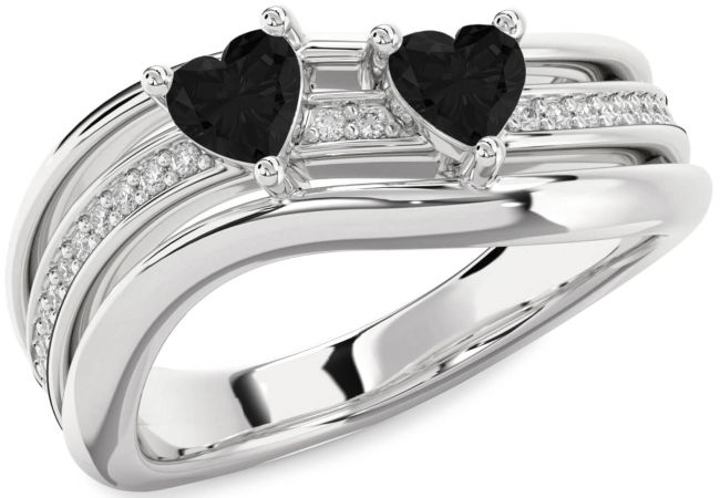 Black Diamond Silver Two Heart Ring