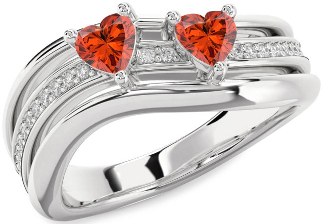 Diamond Fire Opal Silver Two Heart Ring