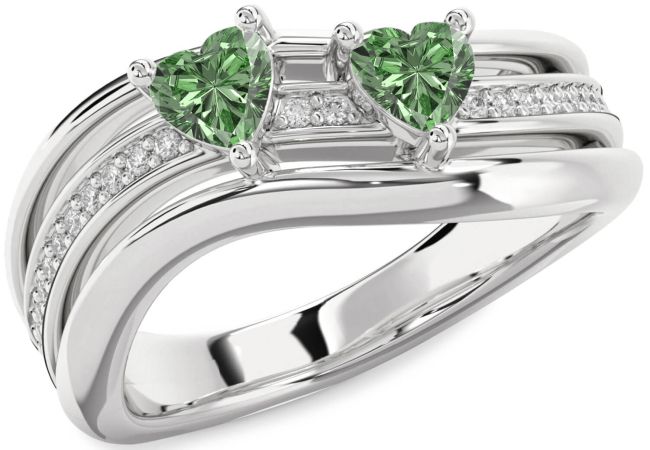 Green Diamond Silver Two Heart Ring