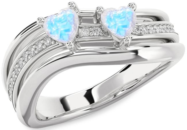 Diamond Moonstone Silver Two Heart Ring