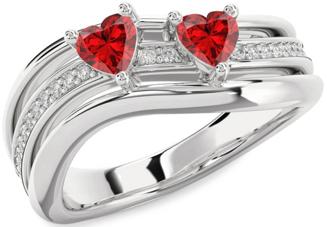 Diamond Ruby Silver Two Heart Birthstone Ring