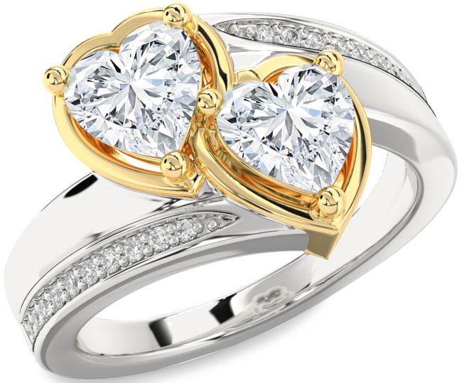 Diamond White Yellow Gold Two Heart Ring