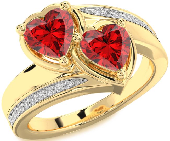 Diamond Ruby Gold Silver Two Heart Birthstone Ring