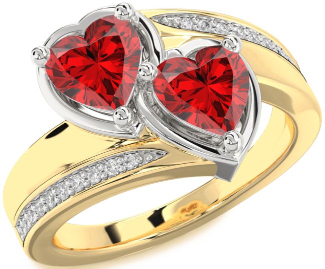 Diamond Ruby Gold Silver Two Heart Birthstone Ring