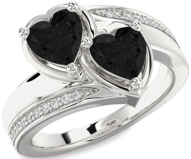 Black Diamond Silver Two Heart Ring