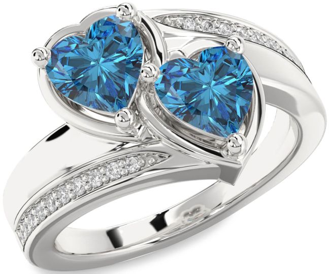Blue Diamond Silver Two Heart Ring