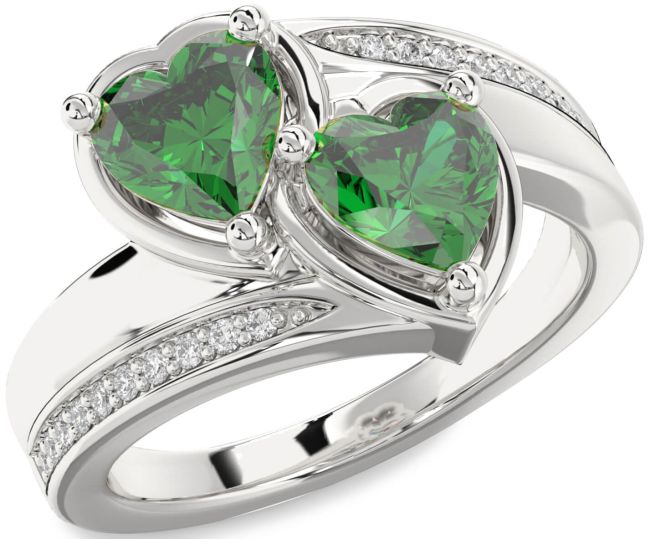 Diamond Emerald Silver Two Heart Birthstone Ring