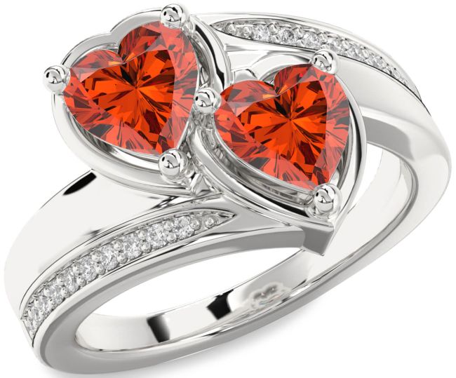 Diamond Fire Opal Silver Two Heart Ring