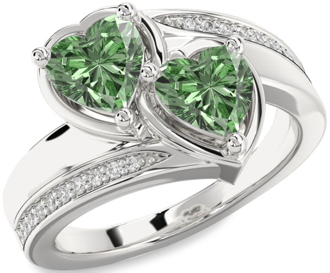 Green Diamond Silver Two Heart Ring