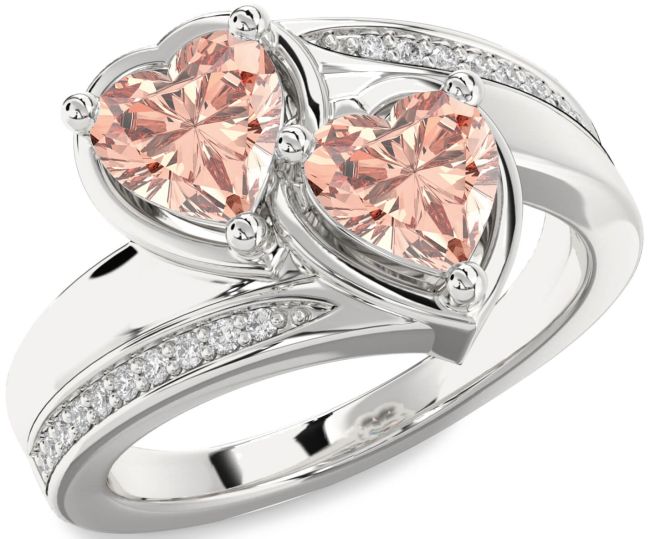 Diamond Morganite Silver Two Heart Ring
