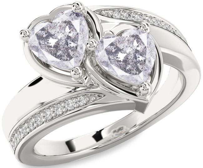 Salt & Pepper Diamond Silver Two Heart Ring