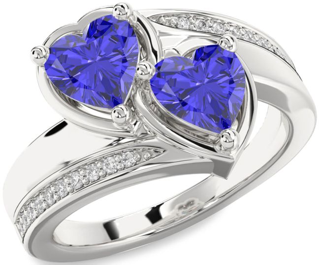 Diamond Tanzanite Silver Two Heart Ring