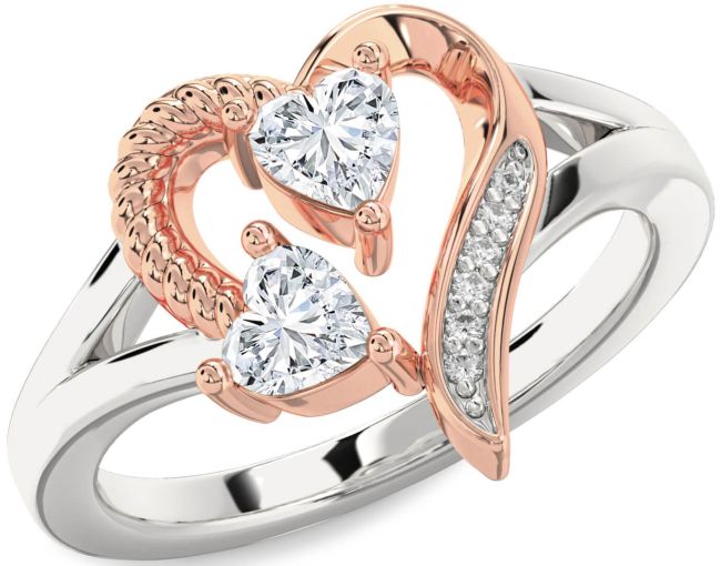 Diamond Silver & 10K Rose Gold Two Heart Ring