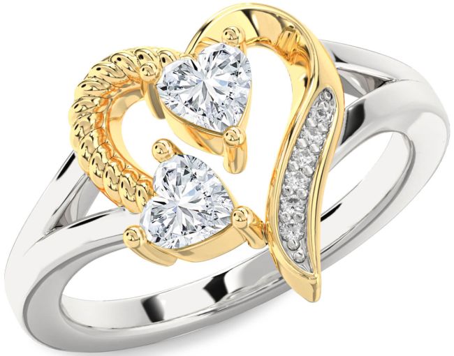 Diamond White Yellow Gold Two Heart Ring