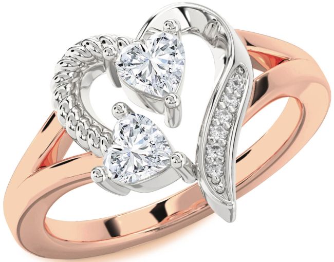 Diamond Rose Gold Silver Two Heart Ring