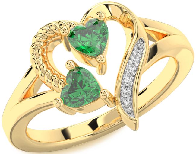 Diamond Emerald Gold Two Heart Birthstone Ring