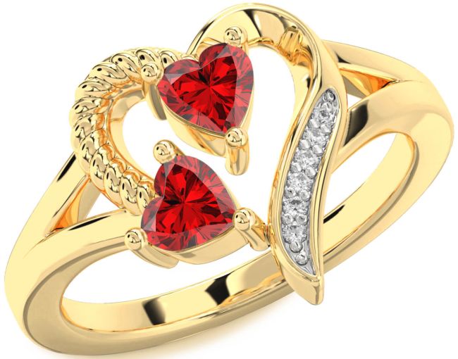 Diamond Ruby Gold Silver Two Heart Birthstone Ring