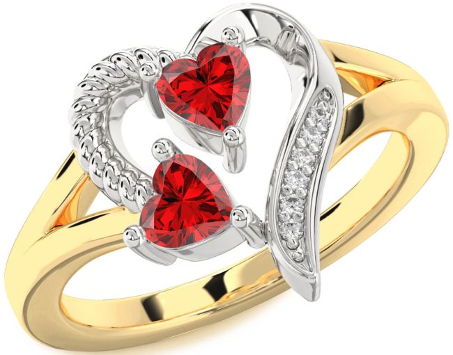 Diamond Ruby Gold Silver Two Heart Birthstone Ring