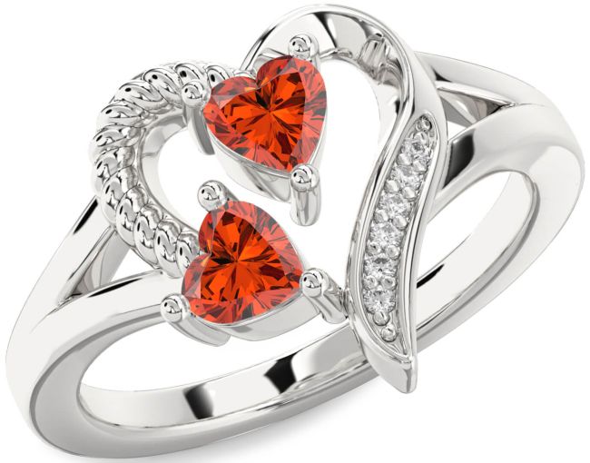 Diamond Fire Opal Silver Two Heart Ring