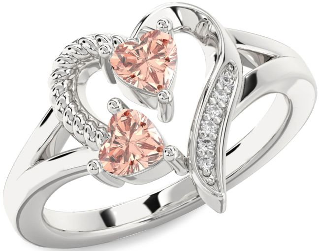 Diamond Morganite Silver Two Heart Ring