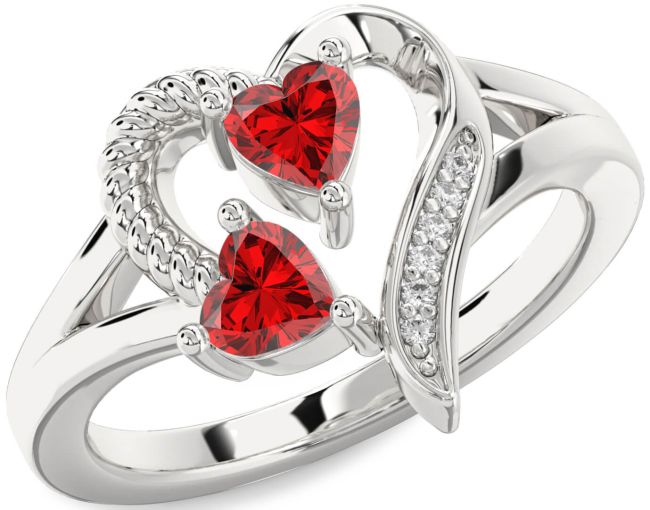 Diamond Ruby Silver Two Heart Birthstone Ring