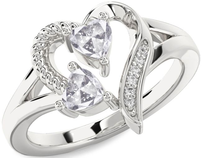 Salt & Pepper Diamond Silver Two Heart Ring