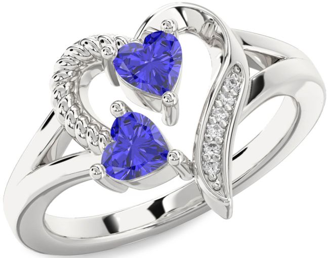 Diamond Tanzanite Silver Two Heart Ring
