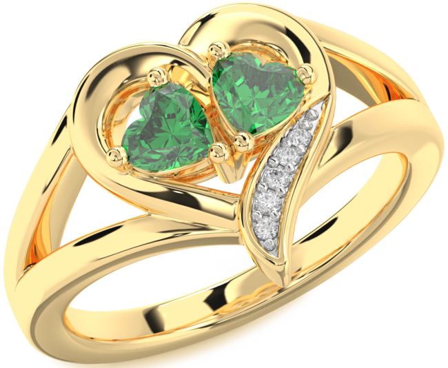 Diamond Emerald Gold Two Heart Birthstone Ring