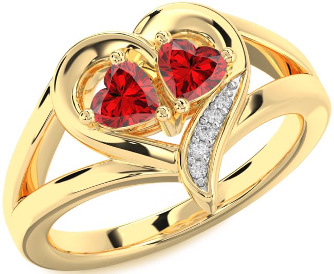 Diamond Ruby Gold Silver Two Heart Birthstone Ring