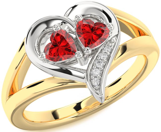 Diamond Ruby Gold Silver Two Heart Birthstone Ring