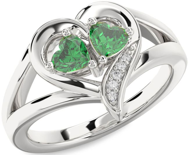 Diamond Emerald Silver Two Heart Birthstone Ring