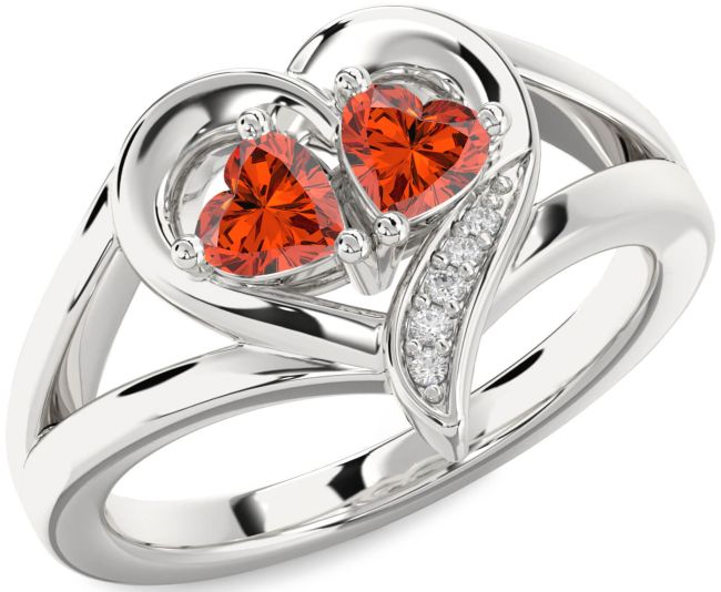 Diamond Fire Opal Silver Two Heart Ring