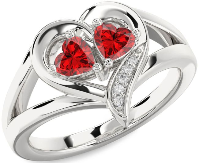 Diamond Ruby Silver Two Heart Birthstone Ring
