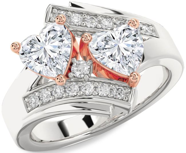 Diamond Rose Gold Silver Two Heart Ring