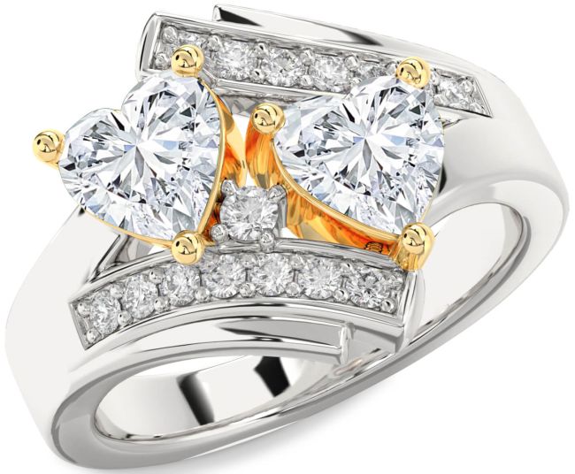 Diamond Silver & 10K gold Two Heart Ring