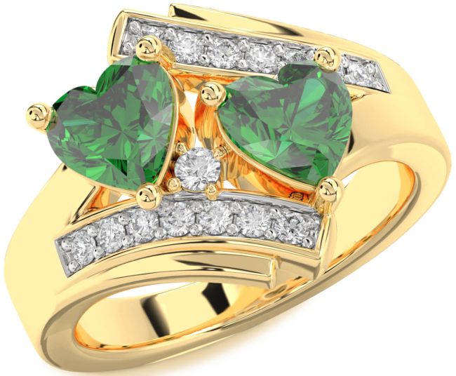 Diamond Emerald Gold Two Heart Birthstone Ring